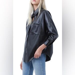 FRENCH CONNECTION FAUX LEATHER BUTTON DOWN SHIRT, BLACK, S